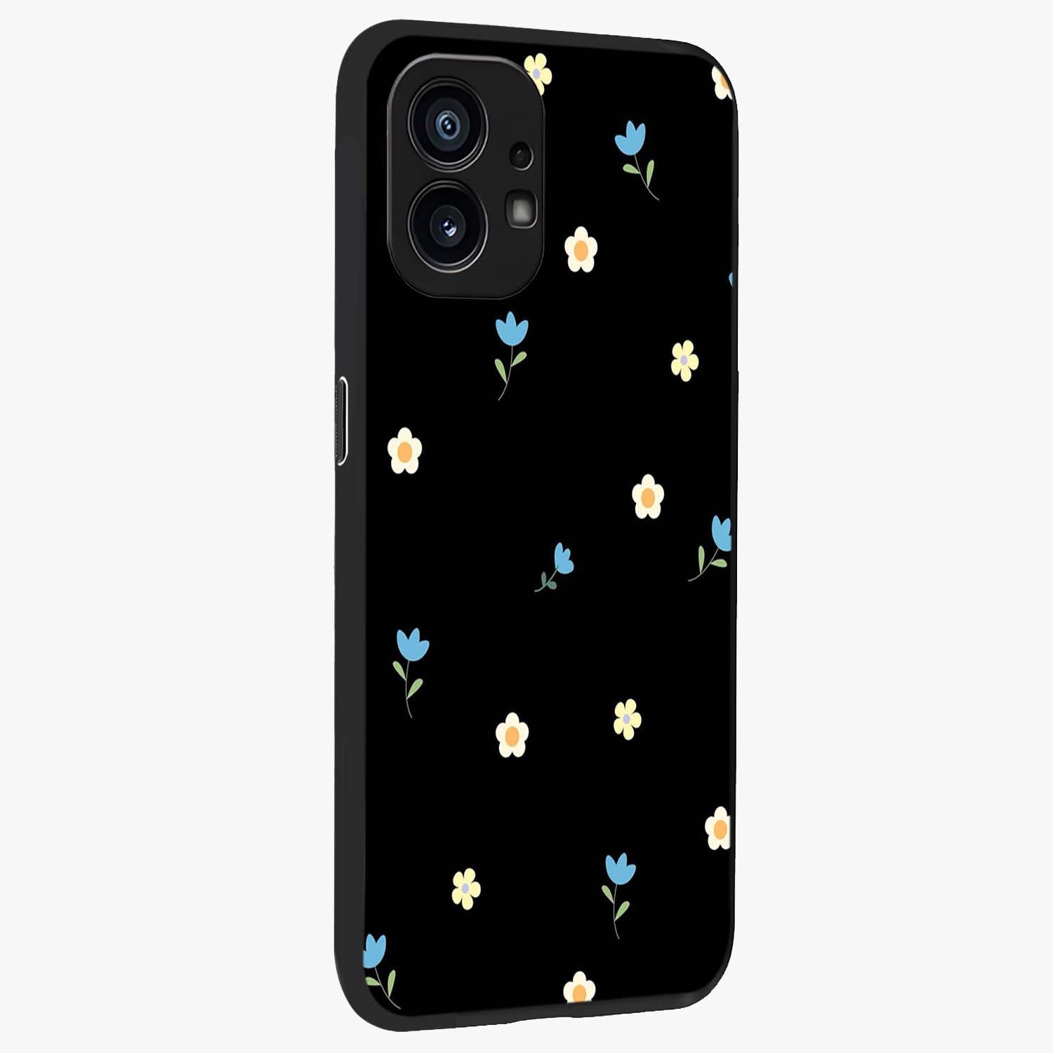 Minimal Petal Whispers Glass Case upright view showcasing elegant floral artwork with modern minimalist style.