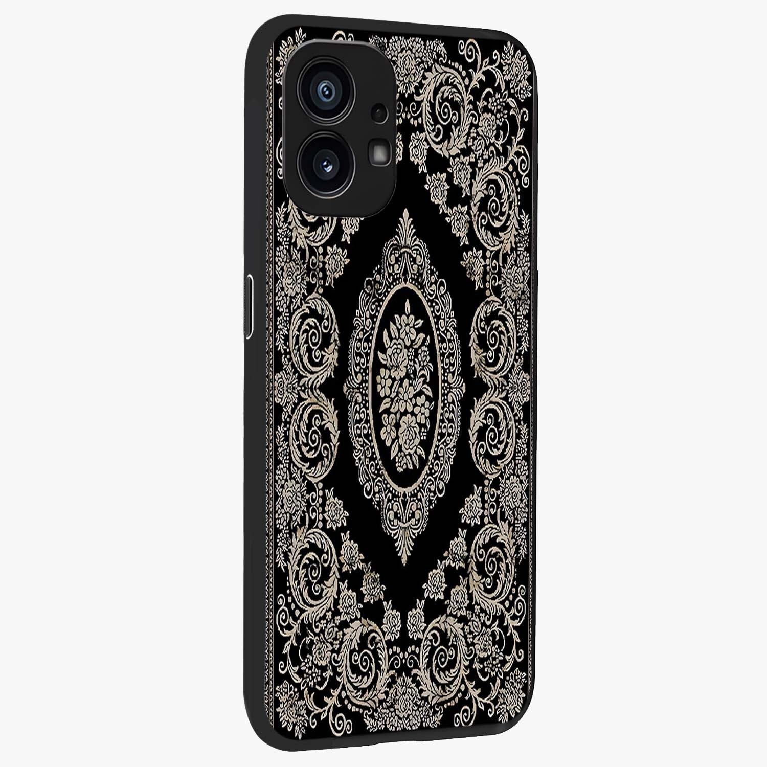 Noir Bloom Elegance Glass Case upright view showcasing graceful floral artwork with luxurious dark theme.