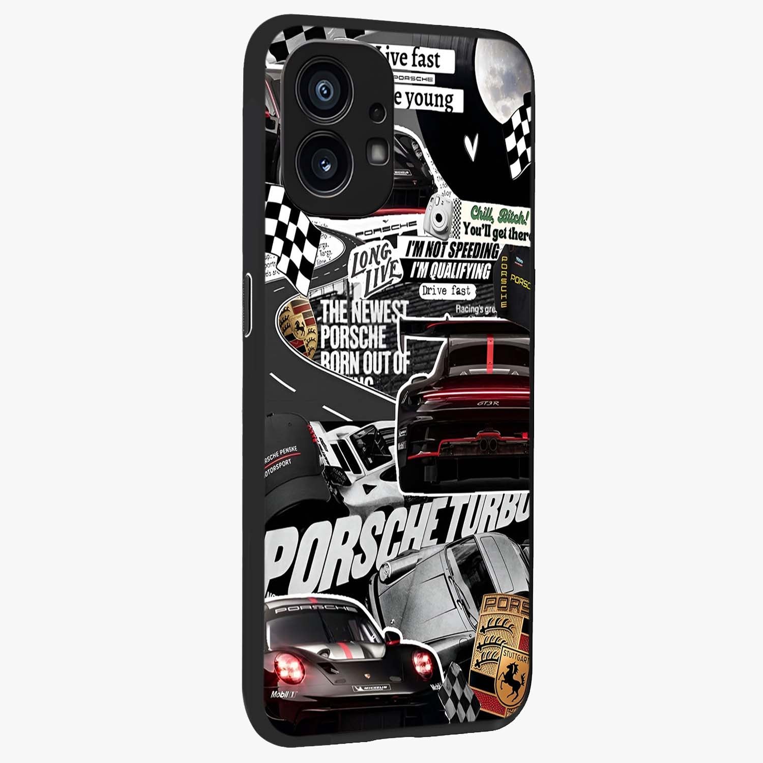 Porsche Racing Collage Glass Case upright view showcasing energetic car collage artwork with high speed racing theme.