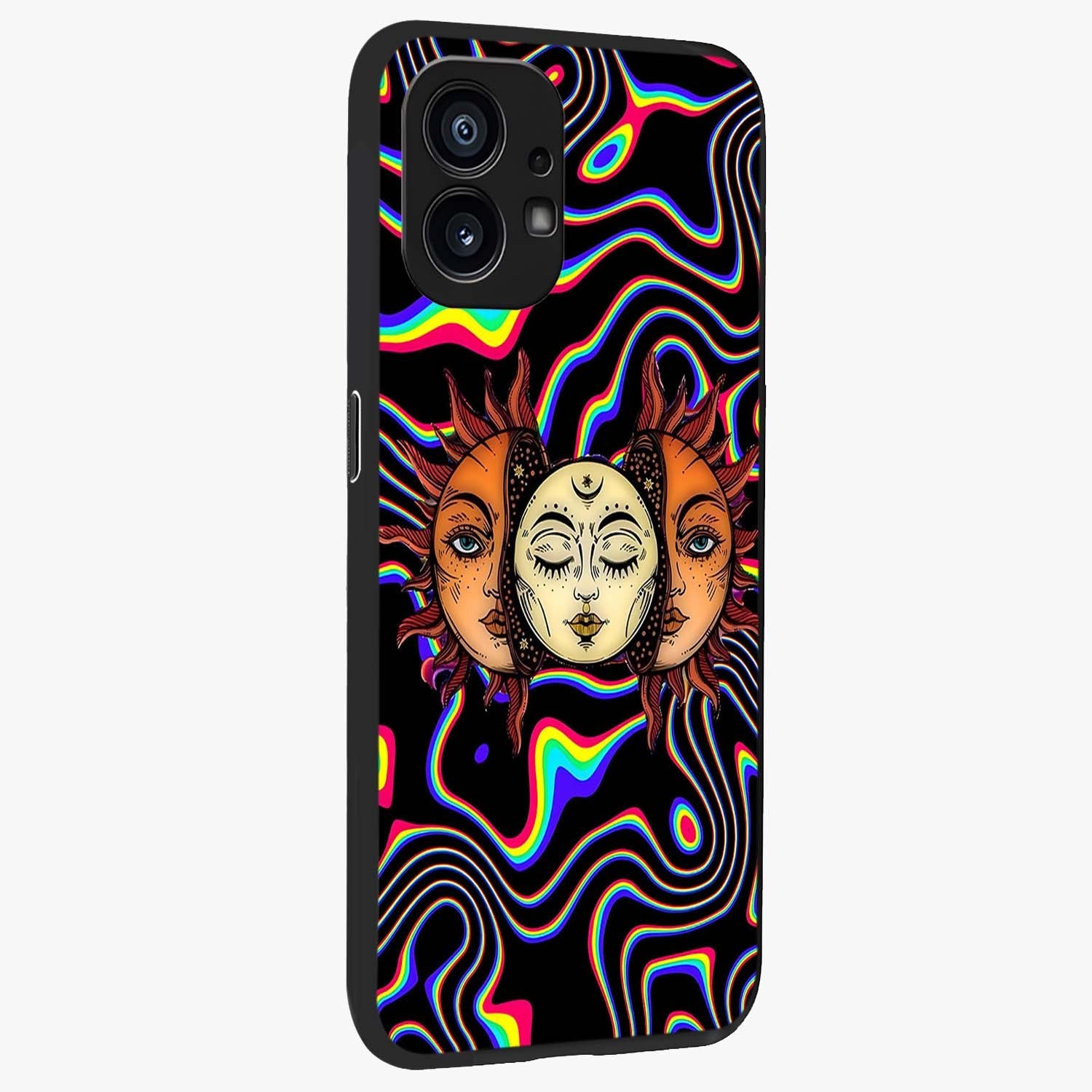 Psychedelic Sun Glass Case upright view showcasing trippy sun artwork with bold psychedelic theme.
