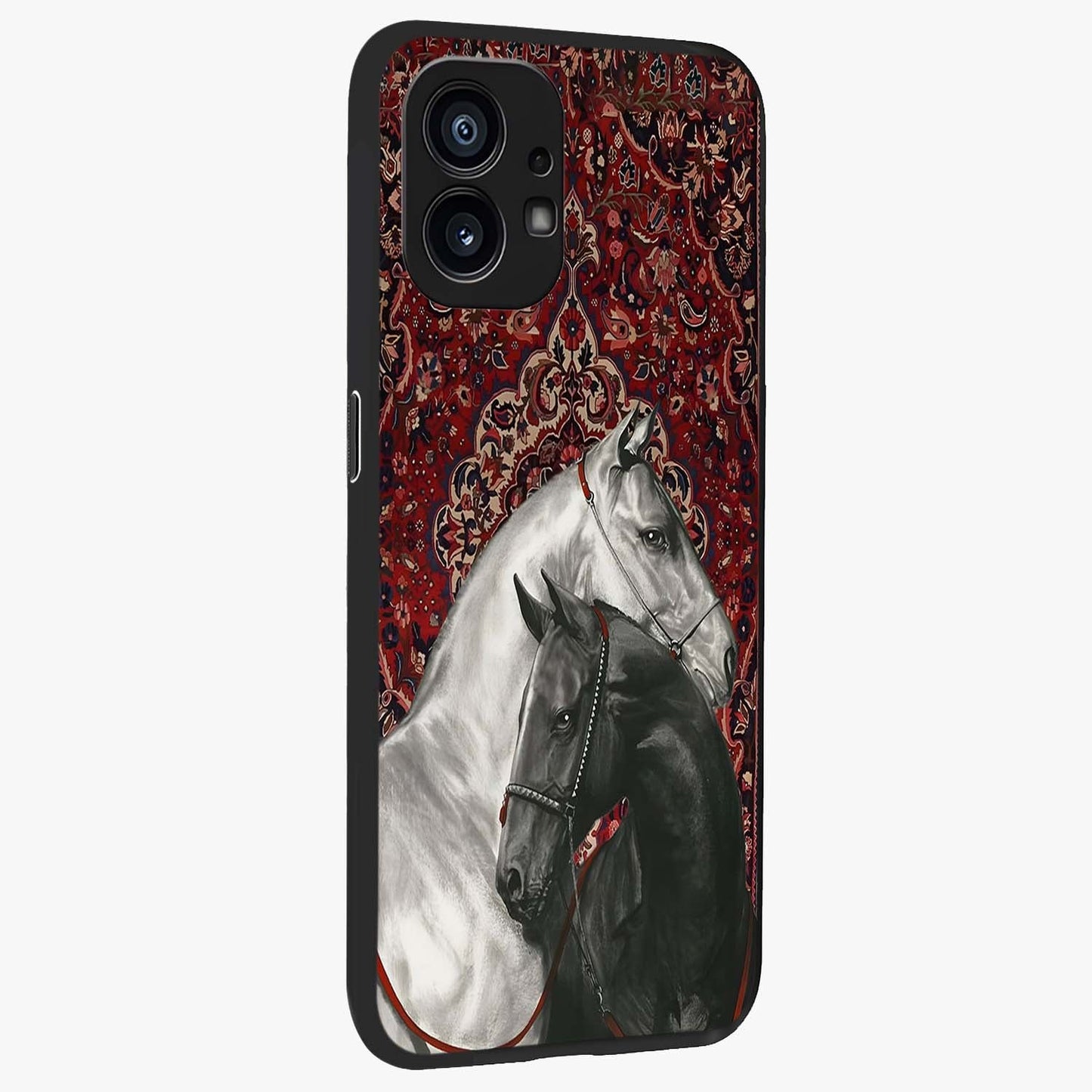 Regal Stallion Tapestry Glass Case upright view showcasing powerful horse artwork with elegant tapestry theme.