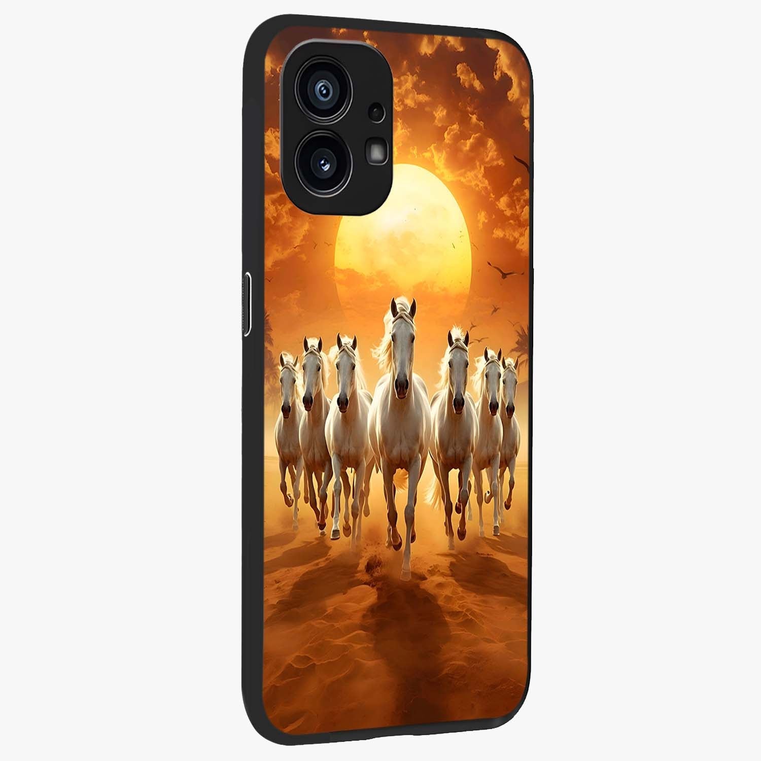 Wild Sunset Majesty Glass Case upright view showcasing dramatic sunset artwork with bold nature theme.