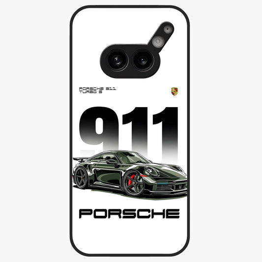 911 Turbo Dominance Glass Case showing clean flat back view with bold 911 sports car artwork and glossy glass finish.