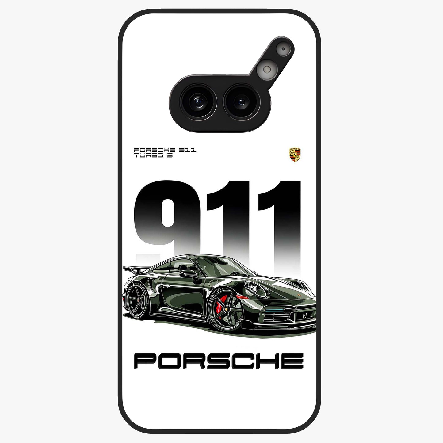 911 Turbo Dominance Glass Case showing clean flat back view with bold 911 sports car artwork and glossy glass finish.