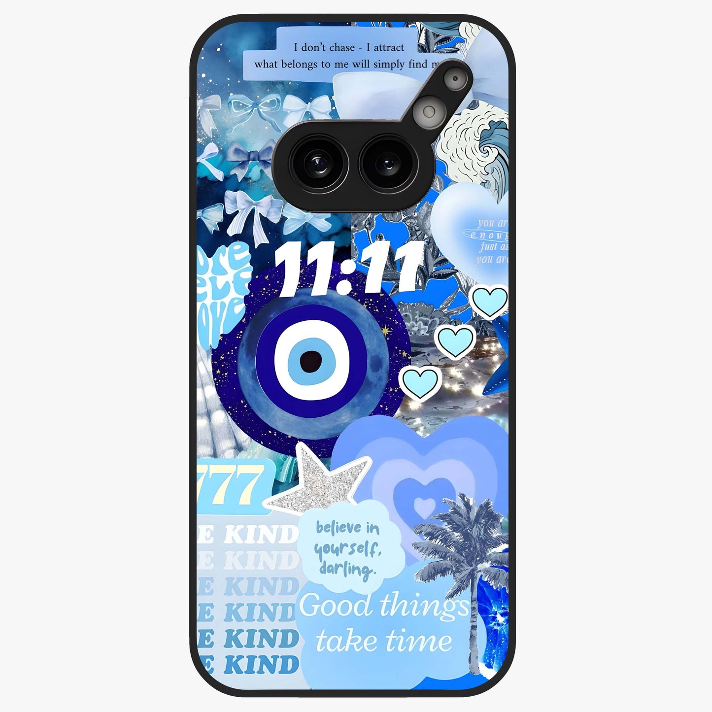 Aesthetic Be Kind Eye Glass Case showing flat back view with motivational eye artwork and glossy glass finish.