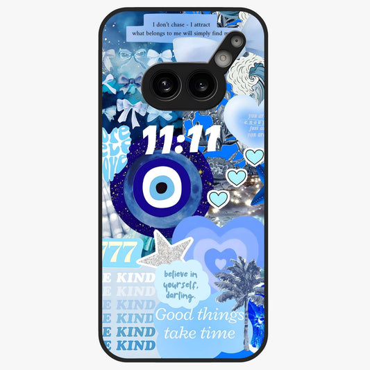 Aesthetic Be Kind Eye Glass Case showing flat back view with motivational eye artwork and glossy glass finish.