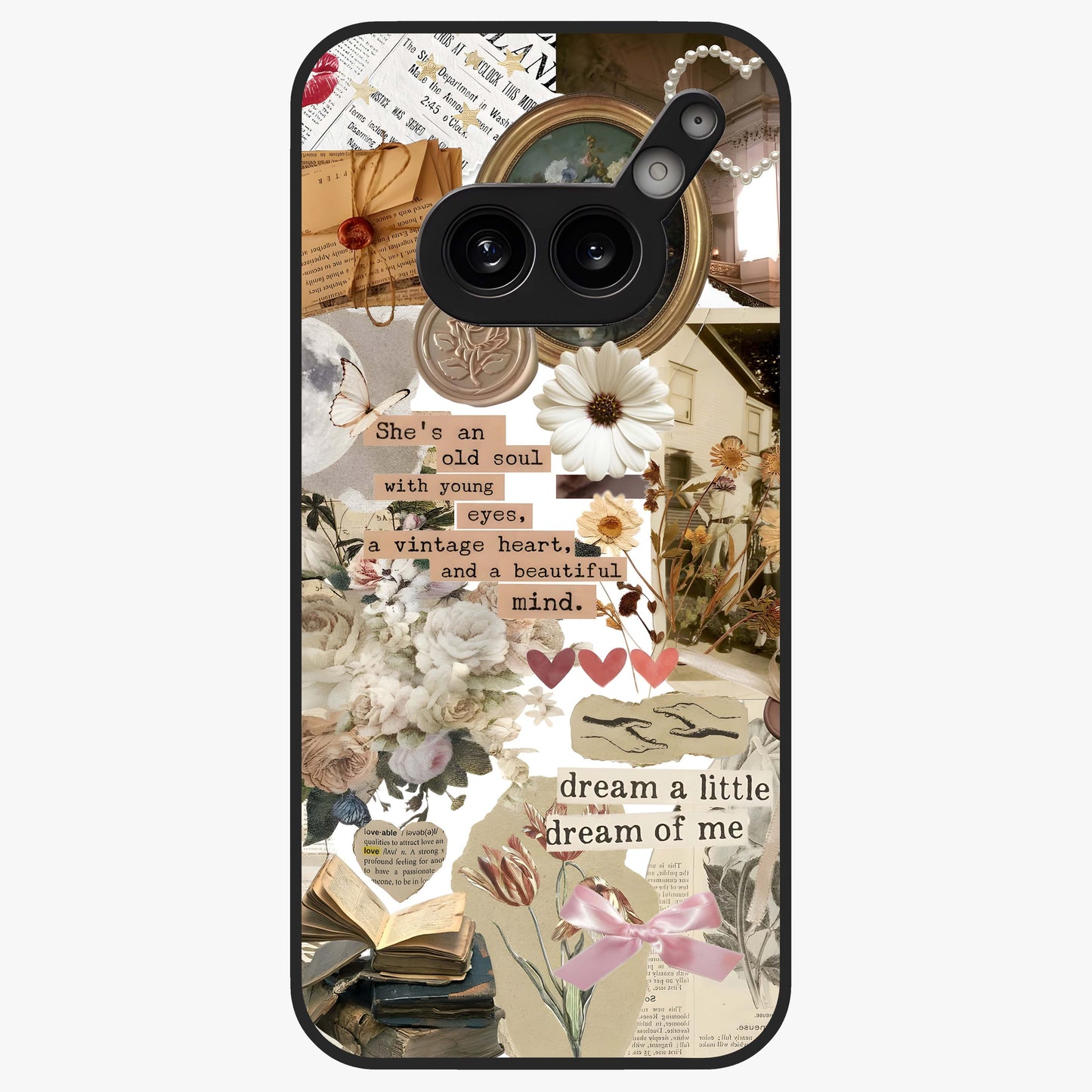 Aesthetic Brown Vintage Collage Glass Case showing flat back view with retro collage artwork and glossy glass finish.