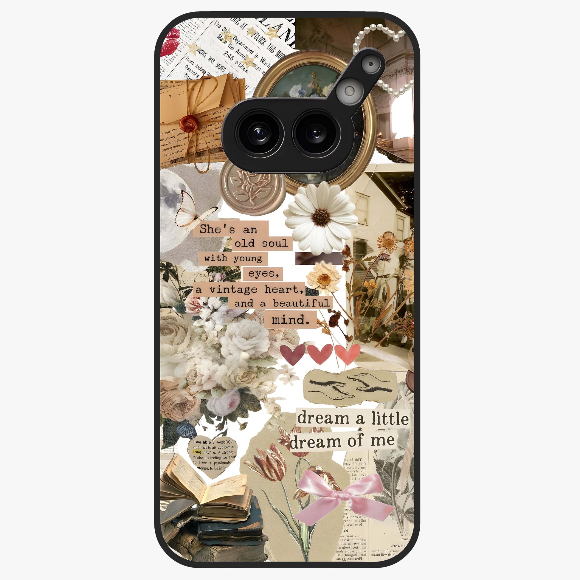 Aesthetic Brown Vintage Collage Glass Case showing flat back view with retro collage artwork and glossy glass finish.