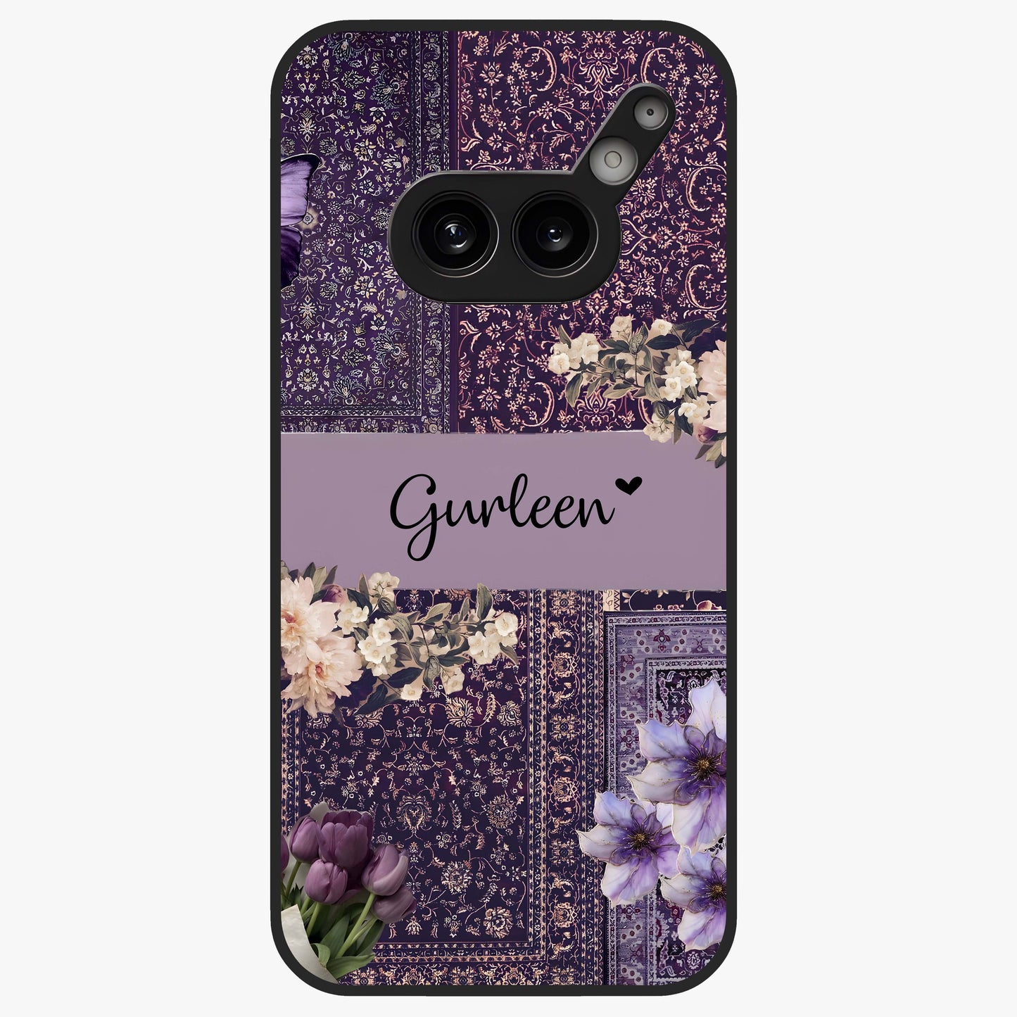 Antique Floral Whisper Custom Name Glass Case showing flat back view with vintage floral artwork and personalized name design.