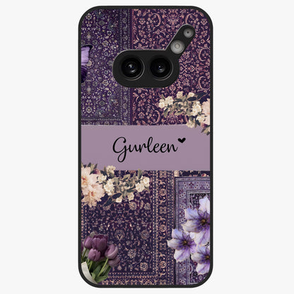 Antique Floral Whisper Custom Name Glass Case showing flat back view with vintage floral artwork and personalized name design.