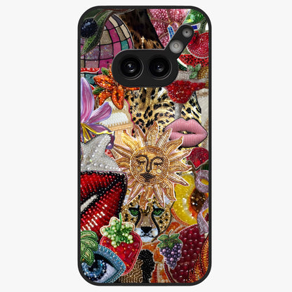Beaded Fashion Jungle Glass Case showing flat back view with vibrant jungle inspired bead artwork and glossy glass finish.