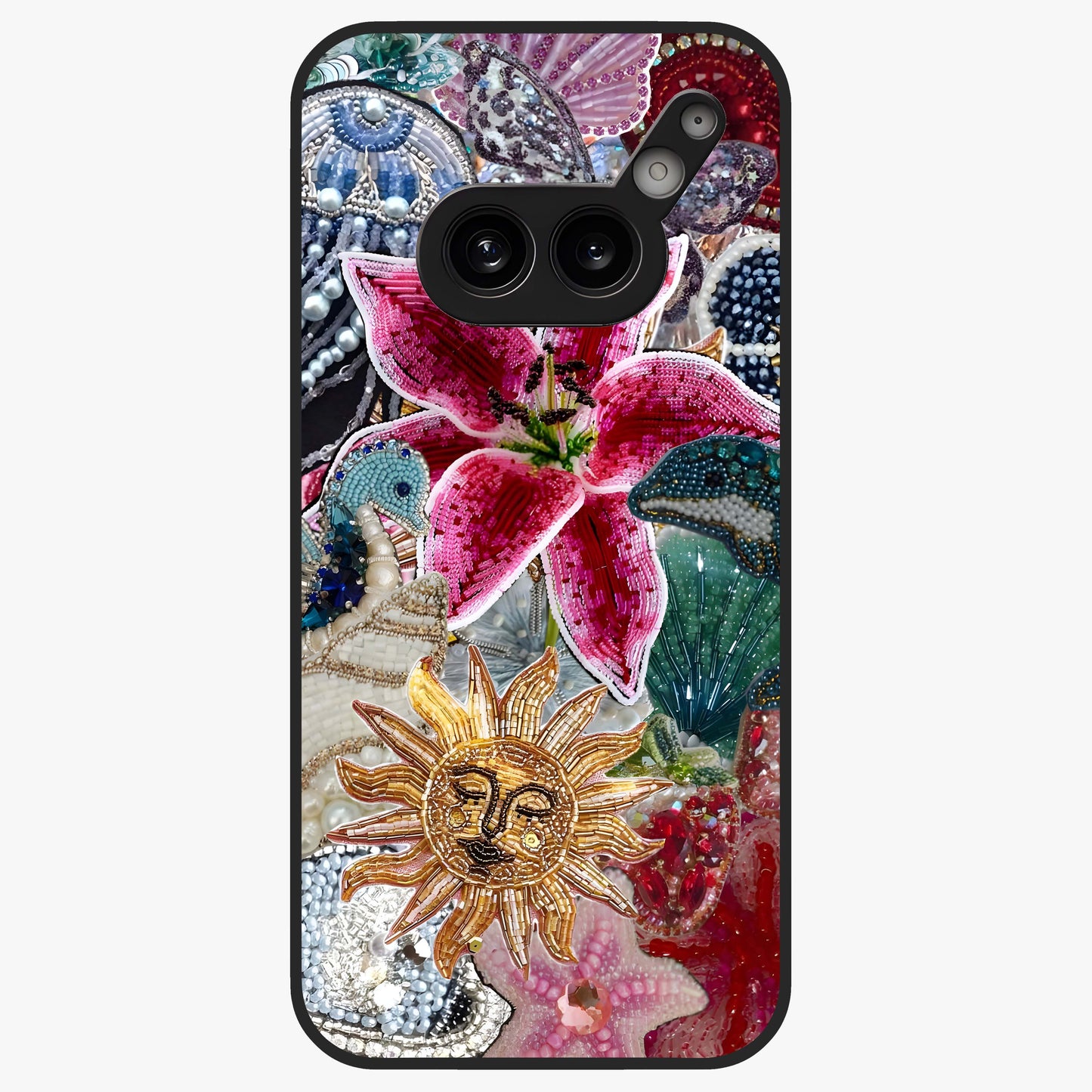 Beaded Garden Fantasy Glass Case showing flat back view with dreamy garden bead artwork and glossy glass finish.