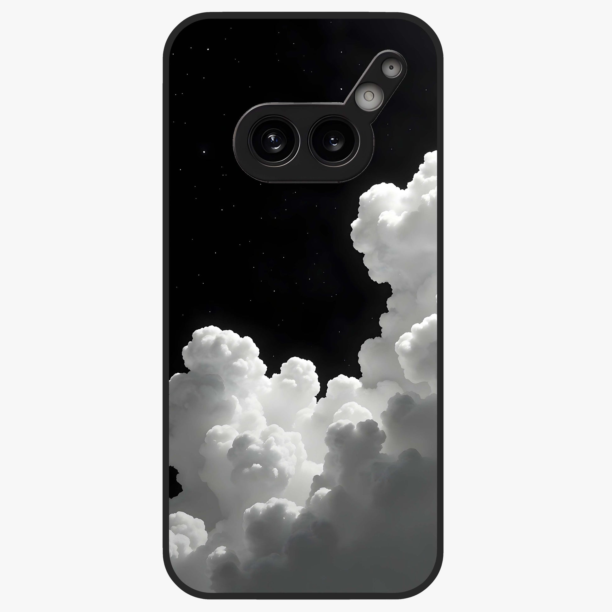 Black Background With White Cloud Glass Case showing flat back view with minimal cloud artwork on dark background and glossy glass finish.