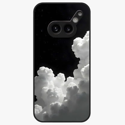 Black Background With White Cloud Glass Case showing flat back view with minimal cloud artwork on dark background and glossy glass finish.