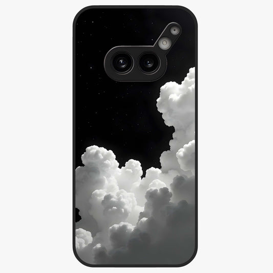 Black Background With White Cloud Glass Case showing flat back view with minimal cloud artwork on dark background and glossy glass finish.