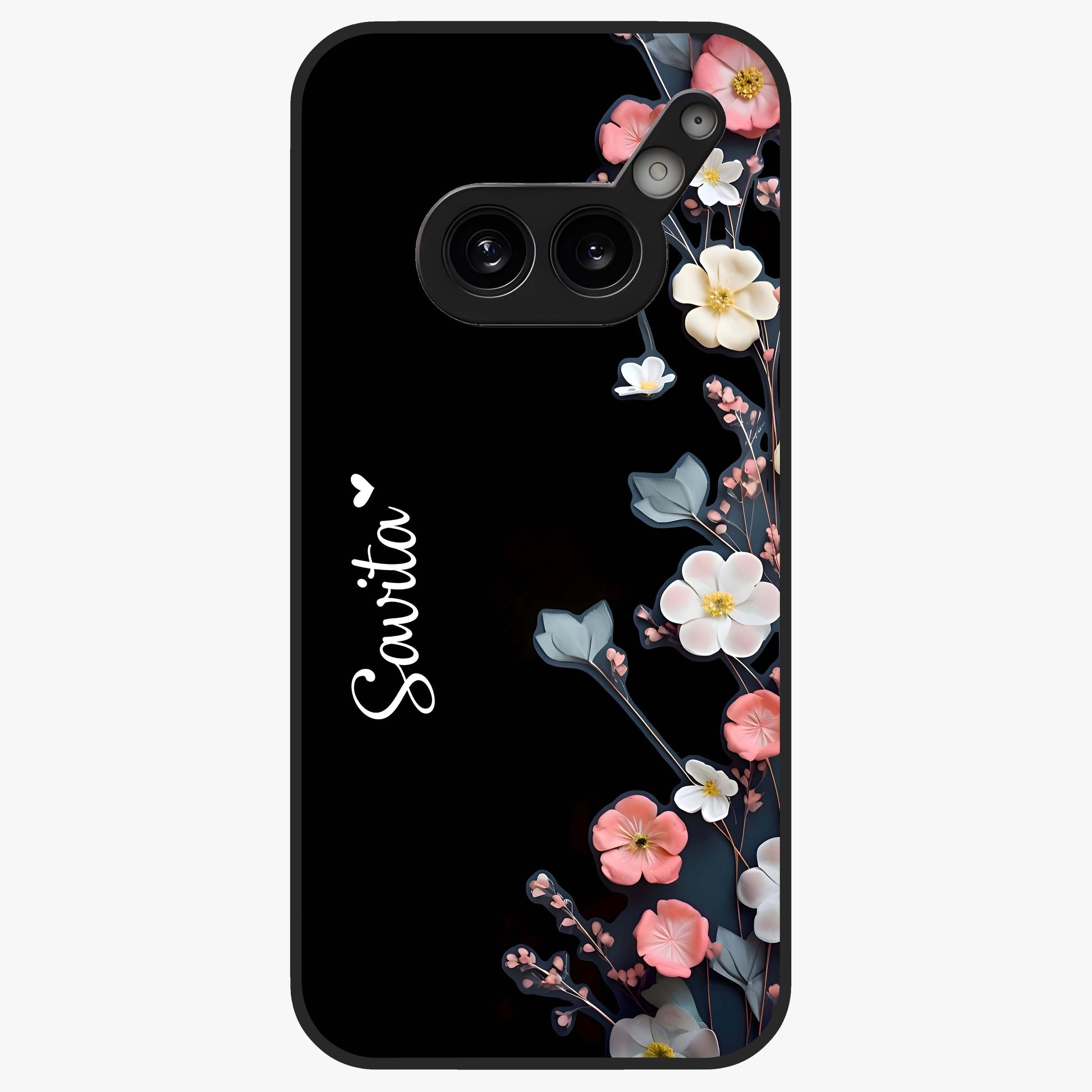 Black Elegance Floral Custom Name Glass Case showing flat back view with elegant floral artwork and personalized name design.