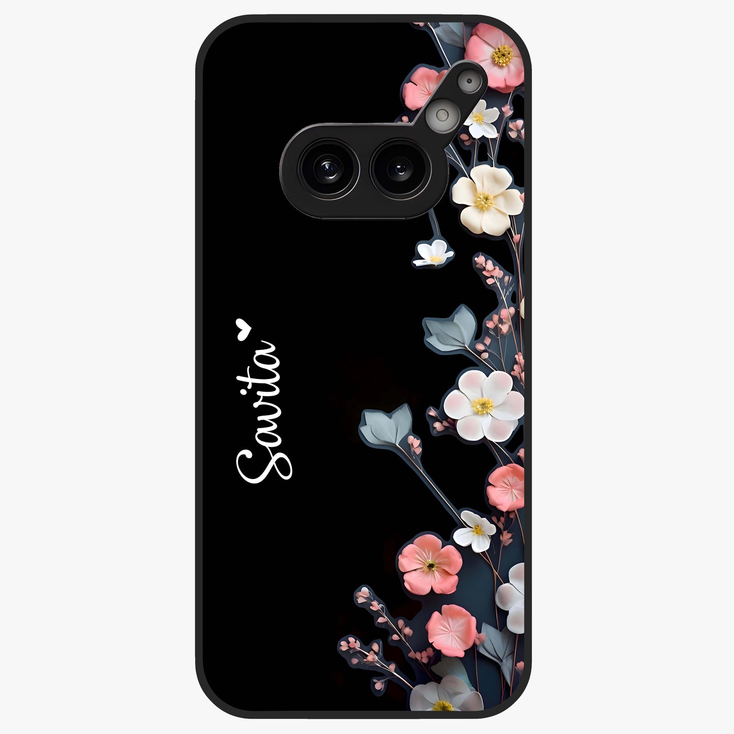 Black Elegance Floral Custom Name Glass Case showing flat back view with elegant floral artwork and personalized name design.