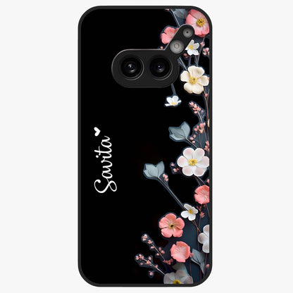 Black Elegance Floral Custom Name Glass Case showing flat back view with elegant floral artwork and personalized name design.