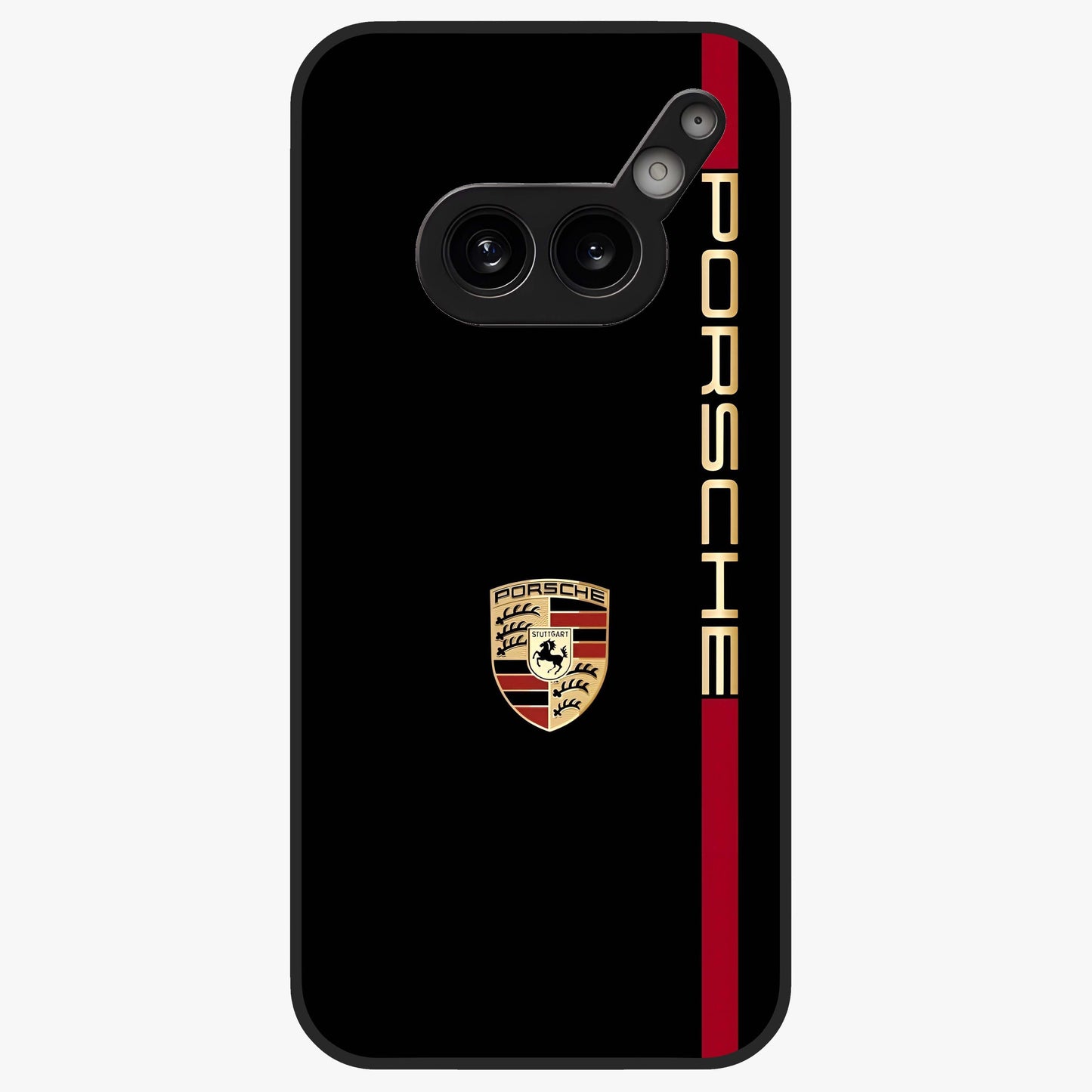 Black Minimal Porsche Glass Case showing flat back view with sleek minimal sports car artwork and glossy glass finish.