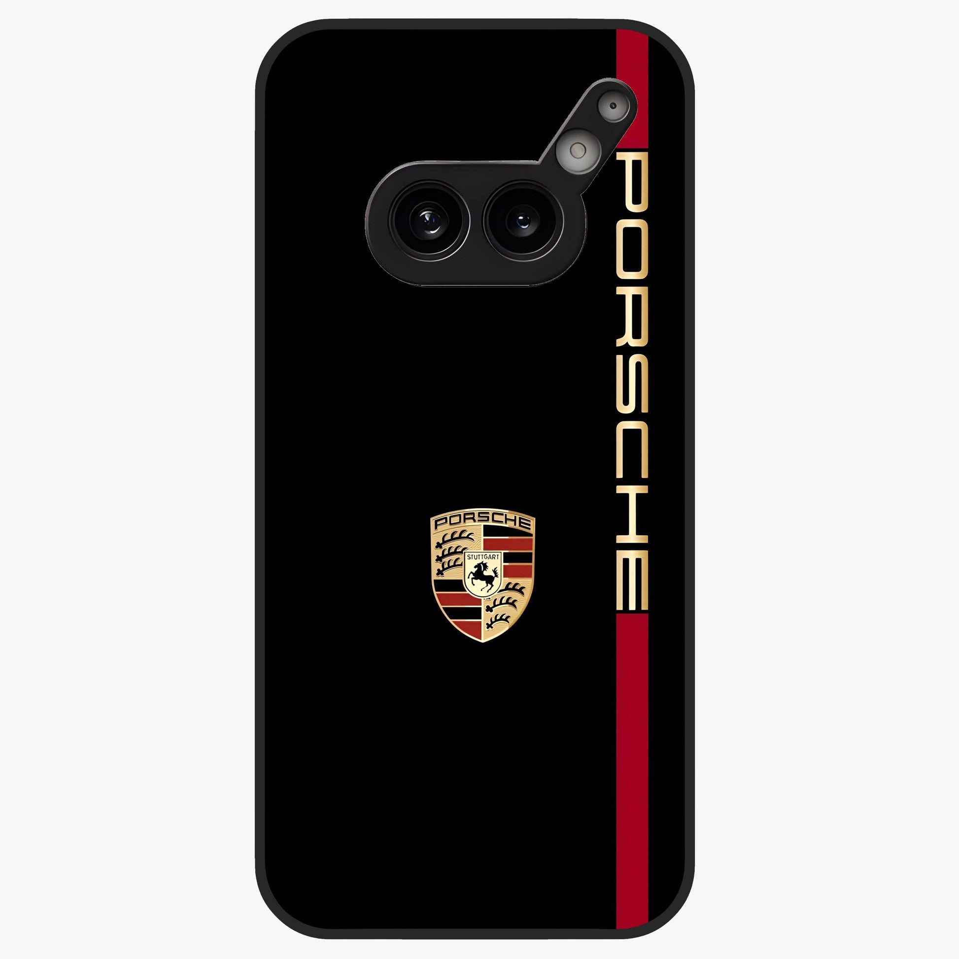Black Minimal Porsche Glass Case showing flat back view with sleek minimal sports car artwork and glossy glass finish.