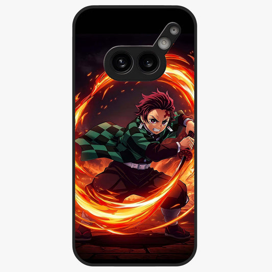 Blazing Sword Resolve Glass Case showing flat back view with fiery sword artwork and glossy glass finish.