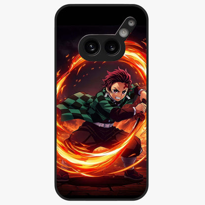 Blazing Sword Resolve Glass Case showing flat back view with fiery sword artwork and glossy glass finish.