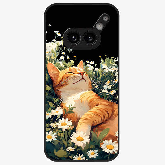 Blissful Bloom Cat Glass Case showing flat back view with cute cat and floral bloom artwork and glossy glass finish.