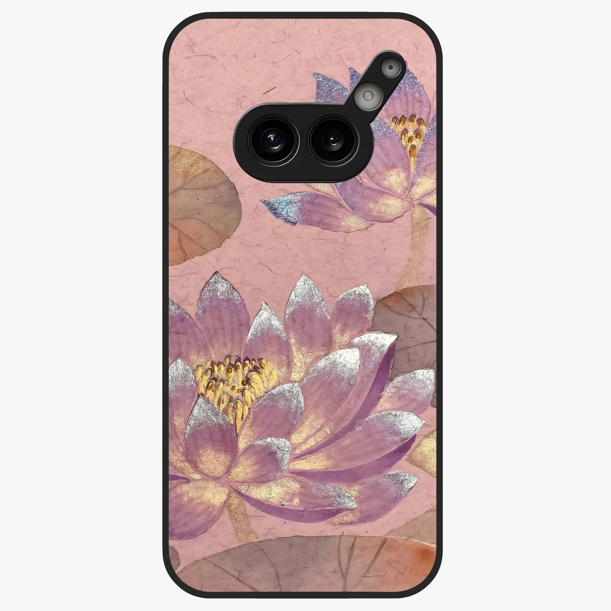 Blossom Mist Lotus Glass Case showing flat back view with serene lotus blossom artwork and glossy glass finish.