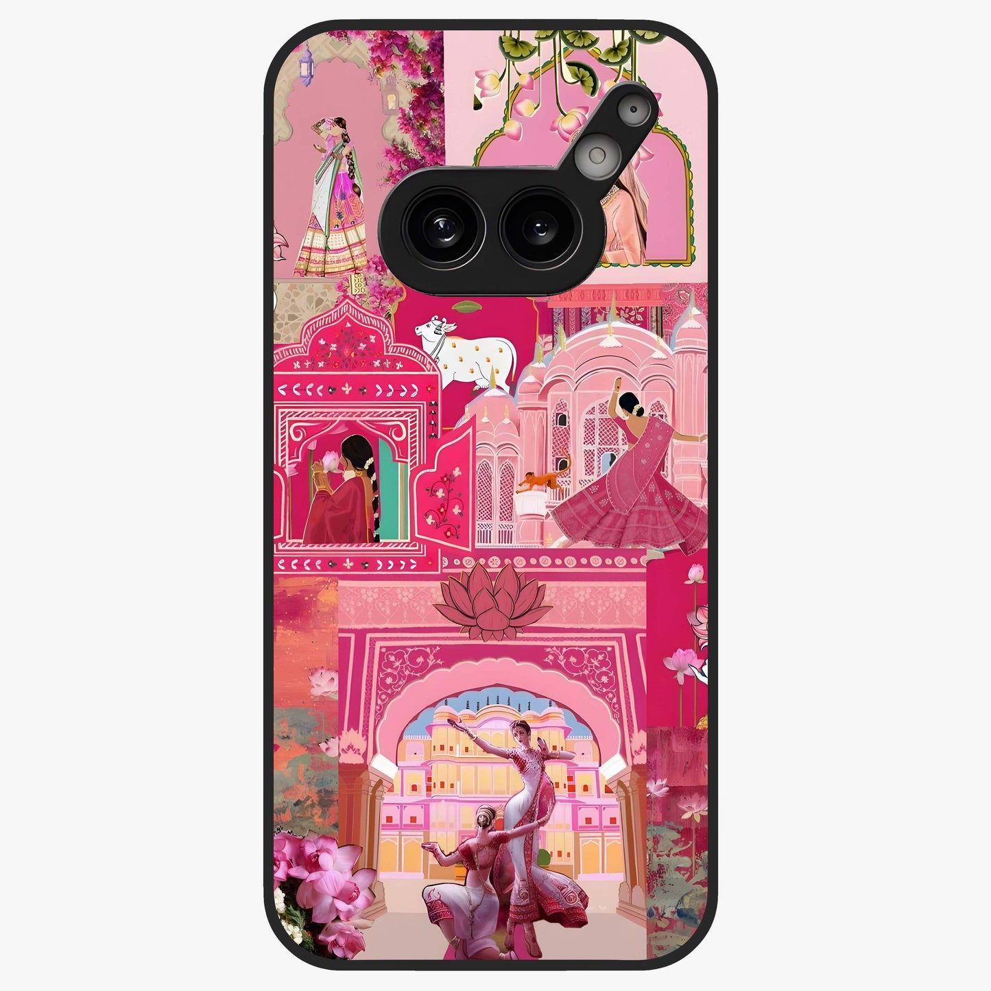 Blossoms of Rajasthan Glass Case showing flat back view with traditional floral artwork inspired by Rajasthan and glossy glass finish.