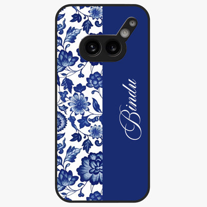 Blue Vintage Floral Pattern Glass Case upright view showcasing timeless floral illustration with vintage inspired style.