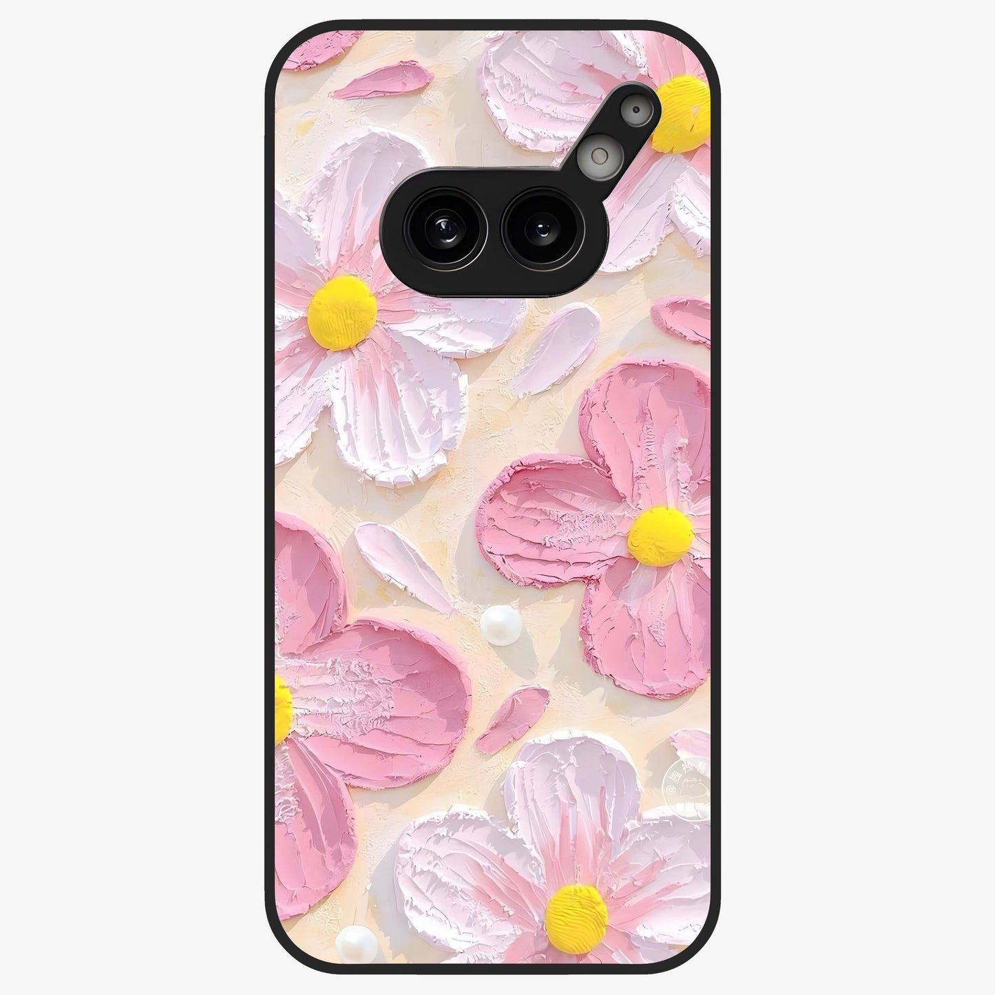 Blush Bloom Texture Glass Case showing flat back view with soft blush floral texture artwork and glossy glass finish.