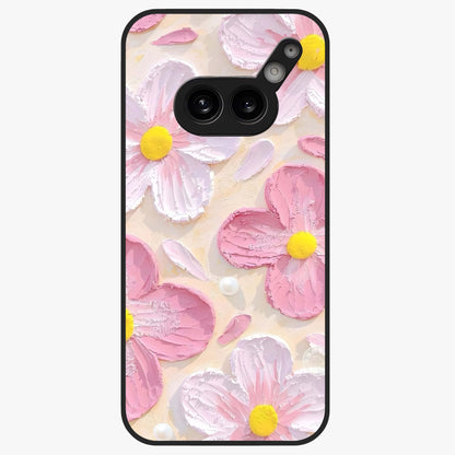 Blush Bloom Texture Glass Case showing flat back view with soft blush floral texture artwork and glossy glass finish.
