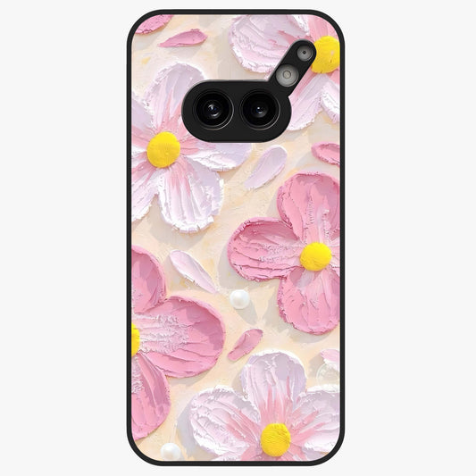 Blush Bloom Texture Glass Case showing flat back view with soft blush floral texture artwork and glossy glass finish.