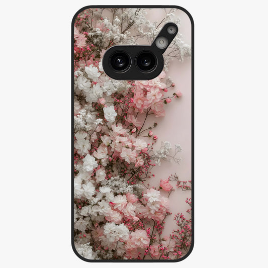 Blush Blossom Cloud Glass Case showing flat back view with dreamy blush cloud blossom artwork and glossy glass finish.