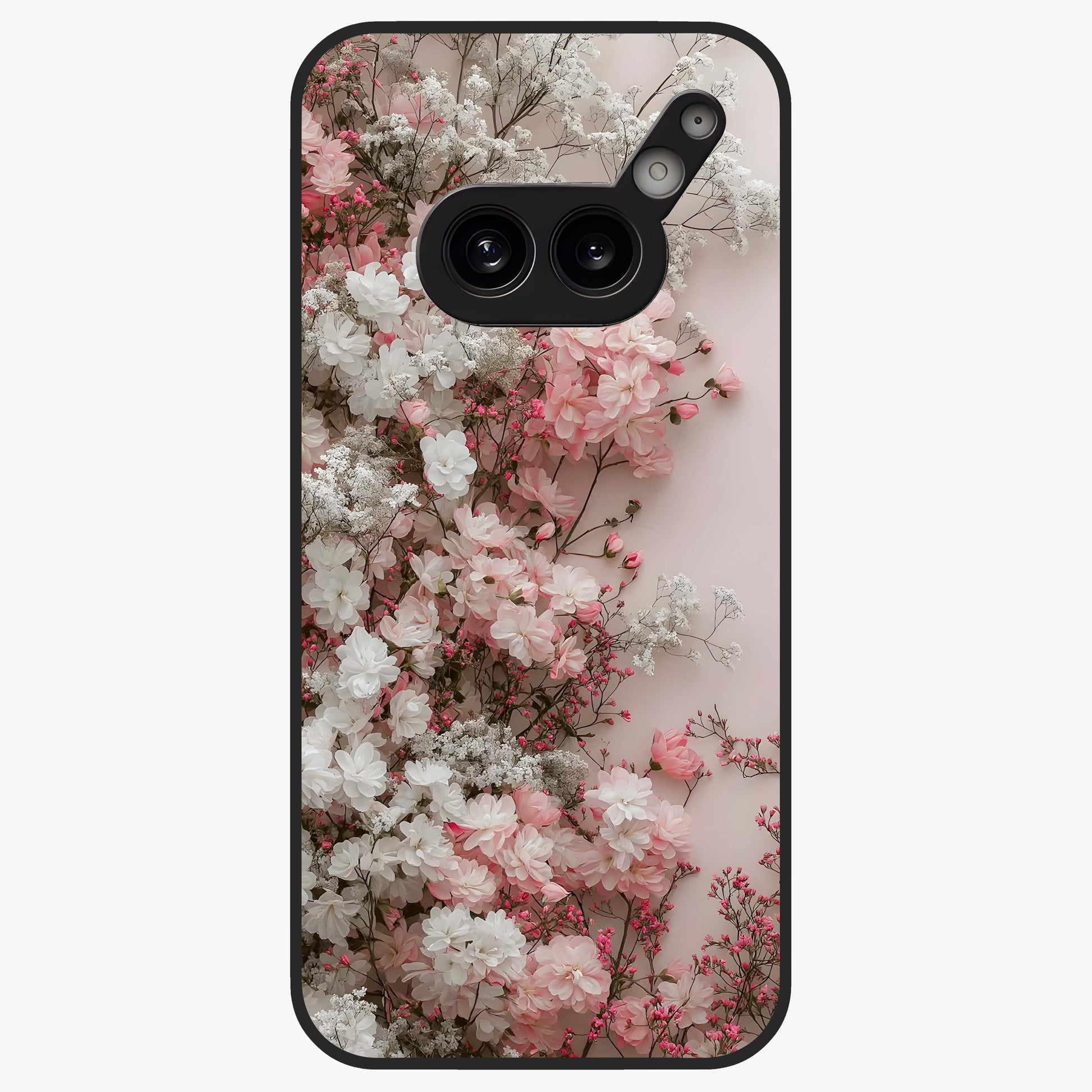 Blush Blossom Cloud Glass Case showing flat back view with dreamy blush cloud blossom artwork and glossy glass finish.