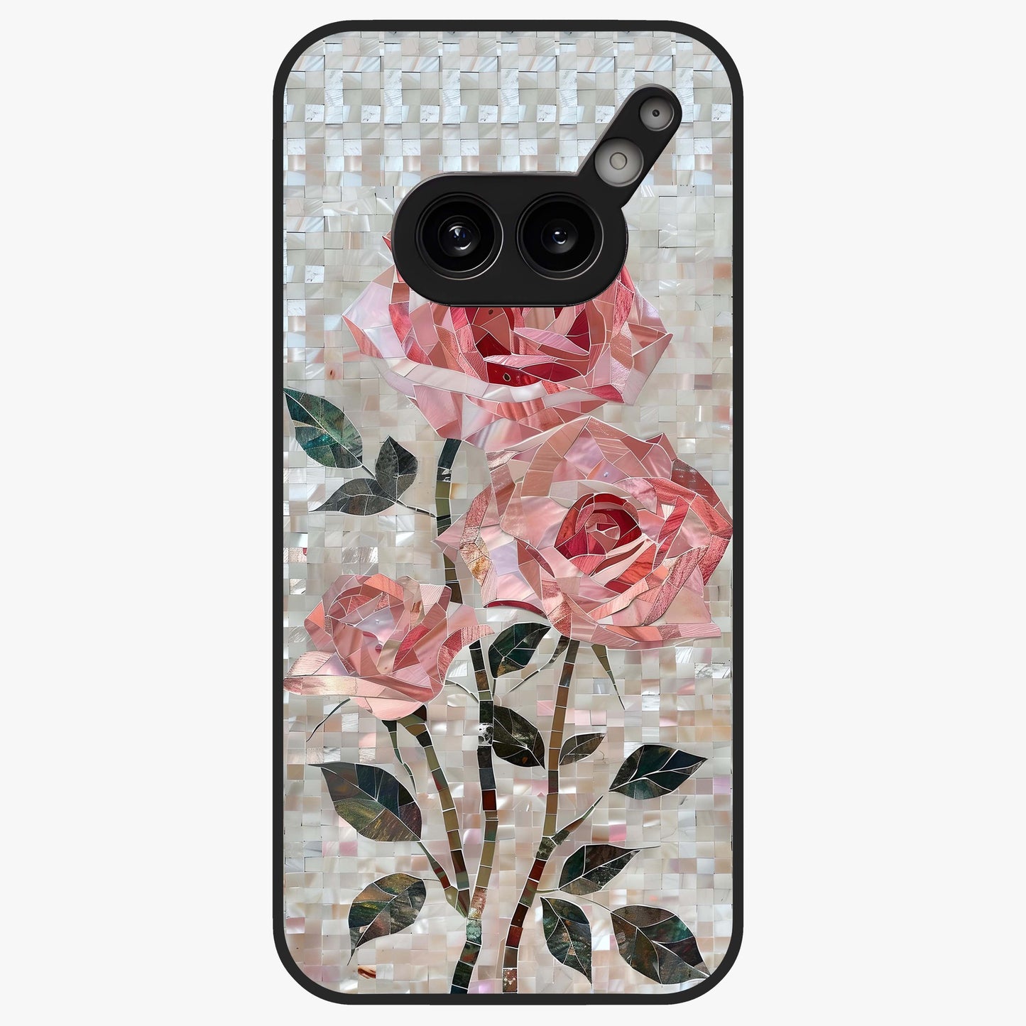 Blush Mosaic Bloom Glass Case showing flat back view with mosaic floral bloom artwork and glossy glass finish.