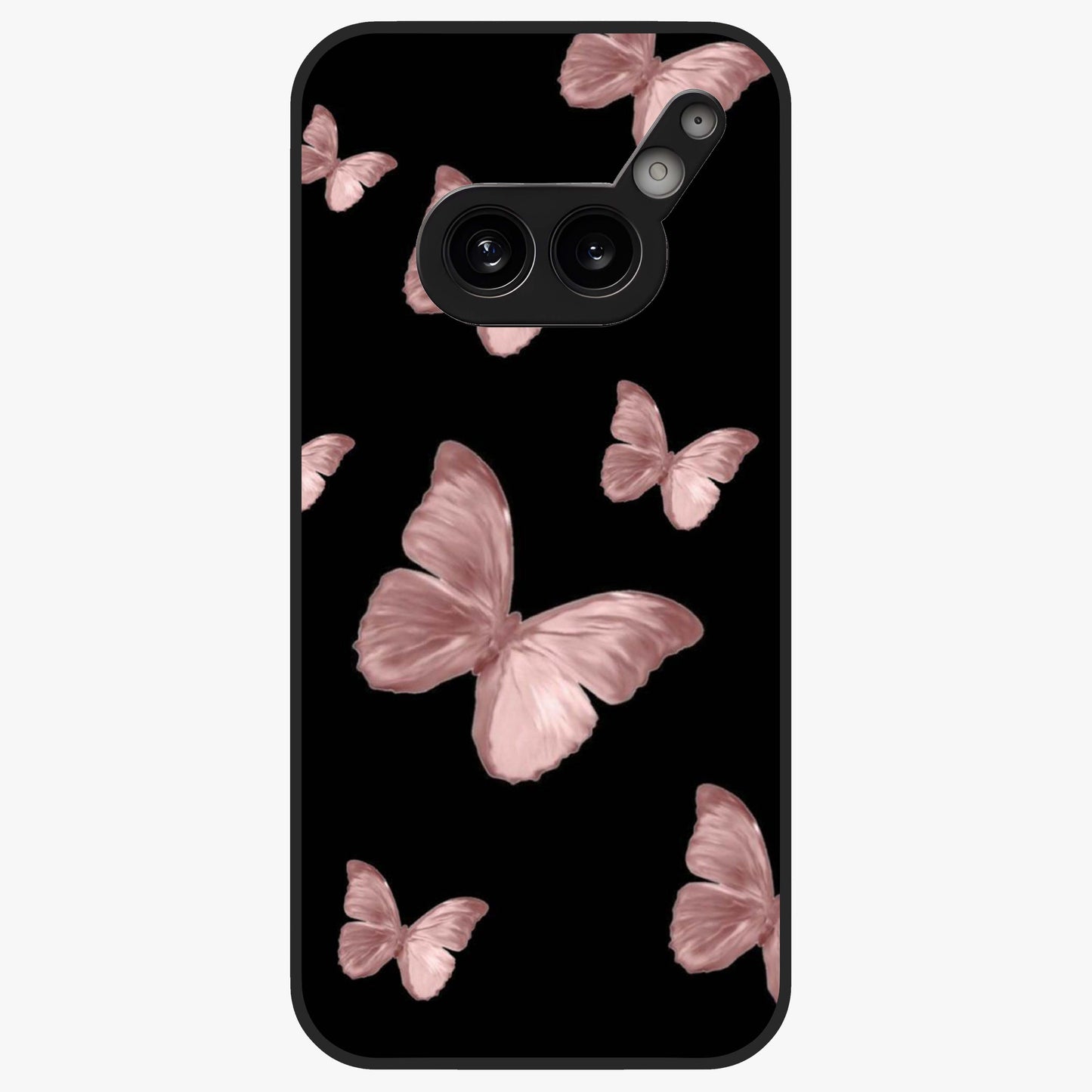 Butterfly Pattern Glass Case showing flat back view with elegant butterfly pattern artwork and glossy glass finish.