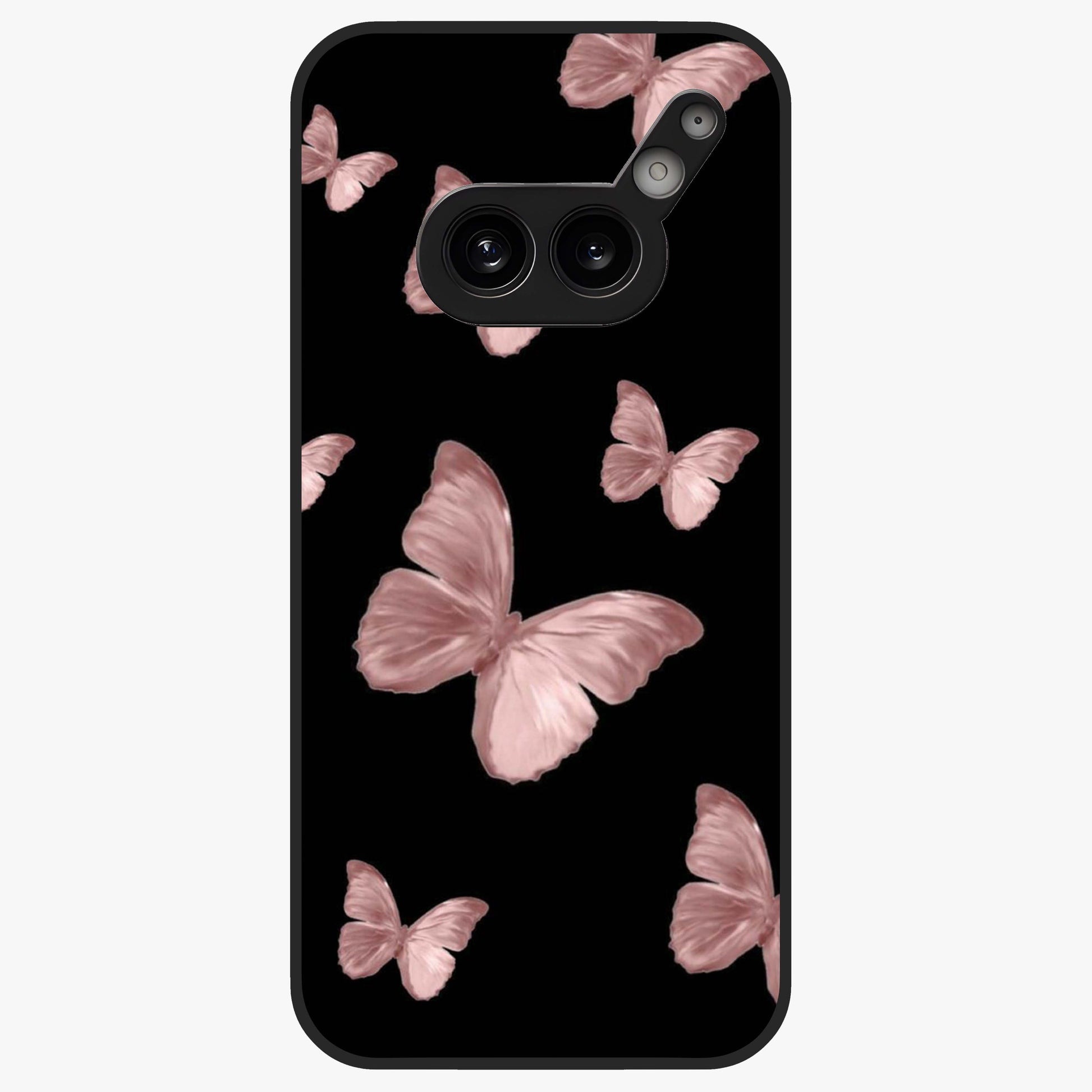 Butterfly Pattern Glass Case showing flat back view with elegant butterfly pattern artwork and glossy glass finish.