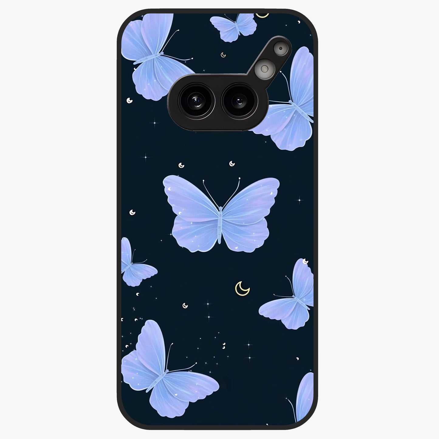Butterfly With Stars Pattern Glass Case showing flat back view with butterfly and star pattern artwork and glossy glass finish.