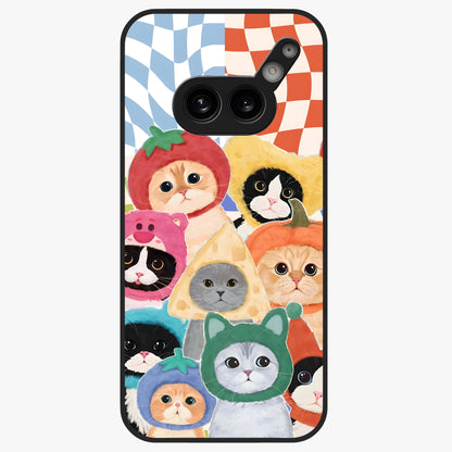 Cats in Fruits Glass Case showing flat back view with playful cat illustrations inside fruit artwork and glossy glass finish.