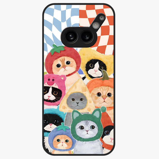 Cats in Fruits Glass Case showing flat back view with playful cat illustrations inside fruit artwork and glossy glass finish.