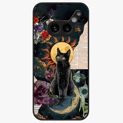 Celestial Black Cat Glass Case showing flat back view with mystical black cat artwork and glossy glass finish.