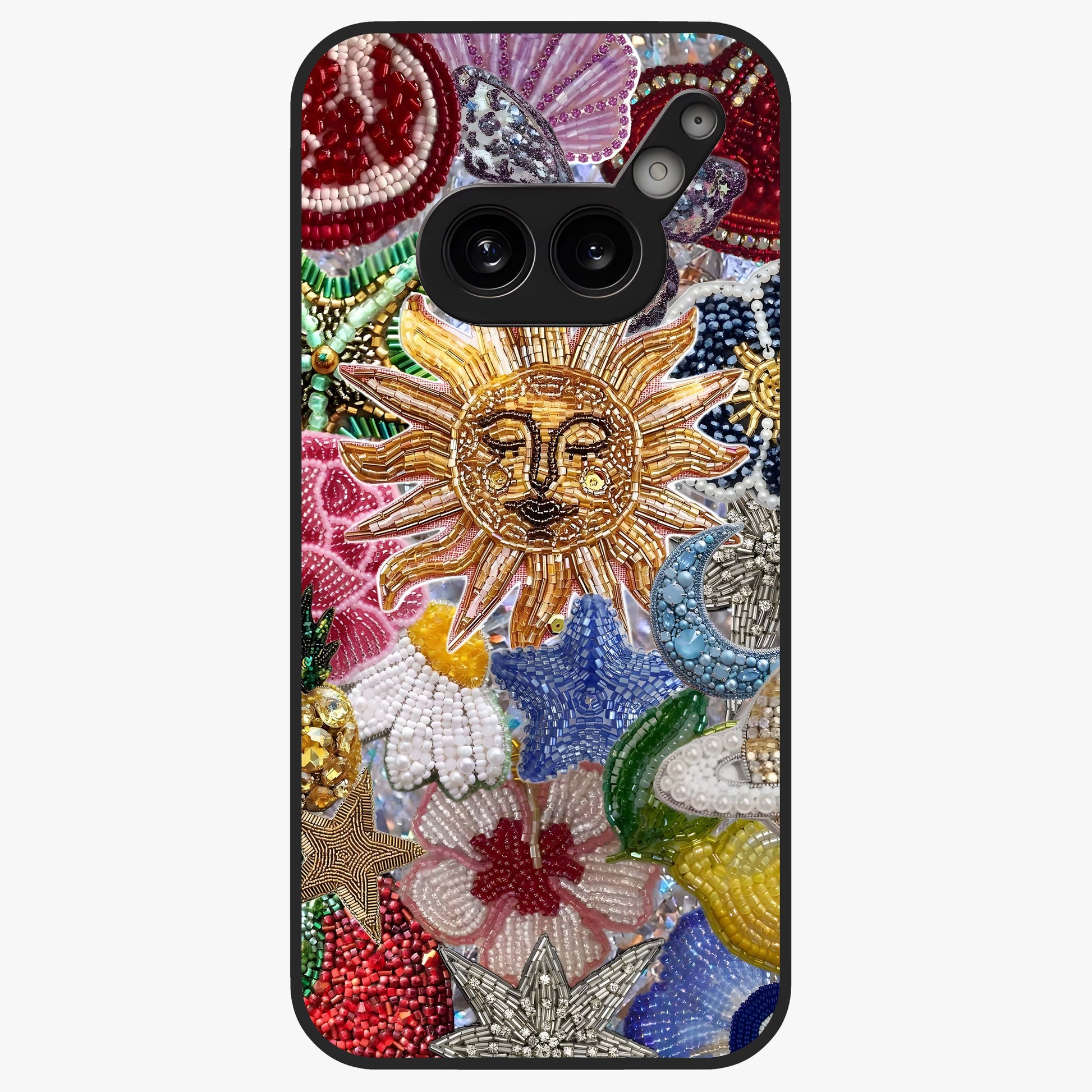 Celestial Floral and Playful Glass Case showing flat back view with floral and celestial themed artwork and glossy glass finish.