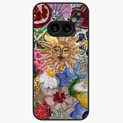 Celestial Floral and Playful Glass Case showing flat back view with floral and celestial themed artwork and glossy glass finish.
