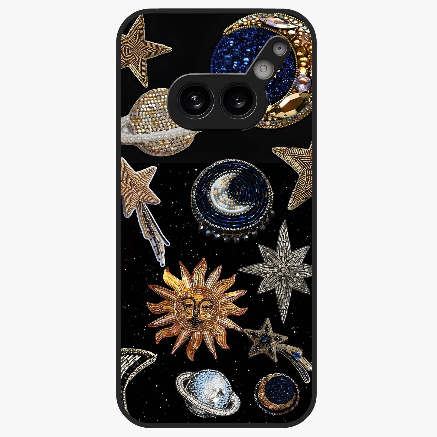Celestial Gem Constellations Glass Case showing flat back view with sparkling constellation artwork and glossy glass finish.