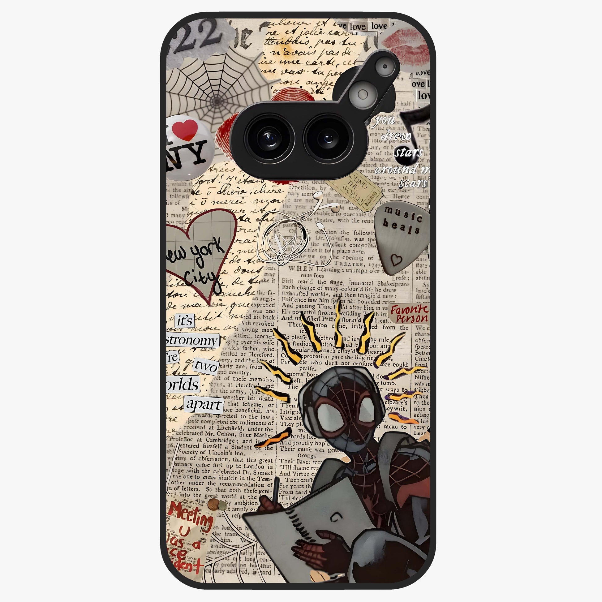 City Dream Sketch Glass Case showing flat back view with artistic city skyline sketch artwork and glossy glass finish.