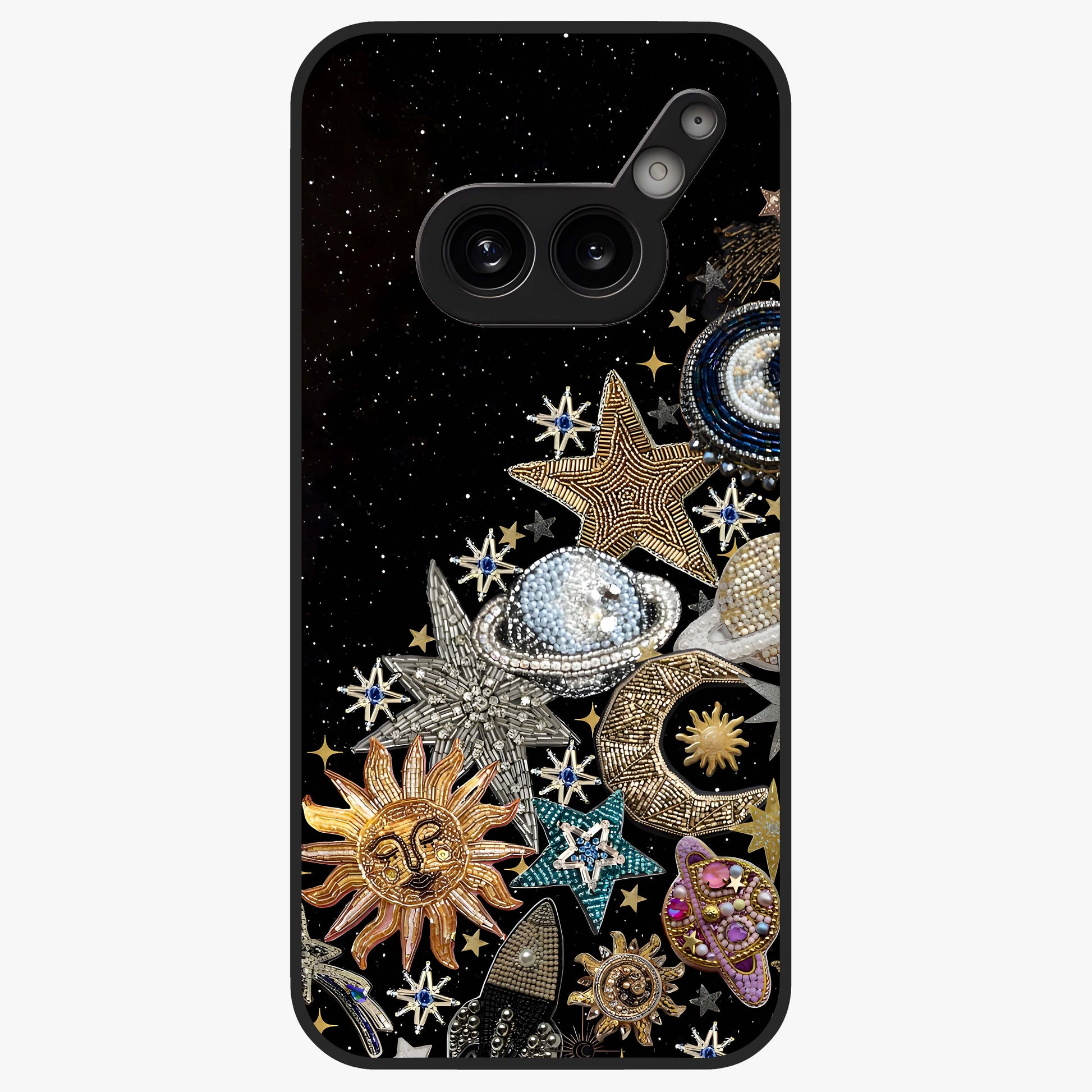 Cosmic Sparkle Dreams Glass Case showing flat back view with sparkling cosmic artwork and glossy glass finish.