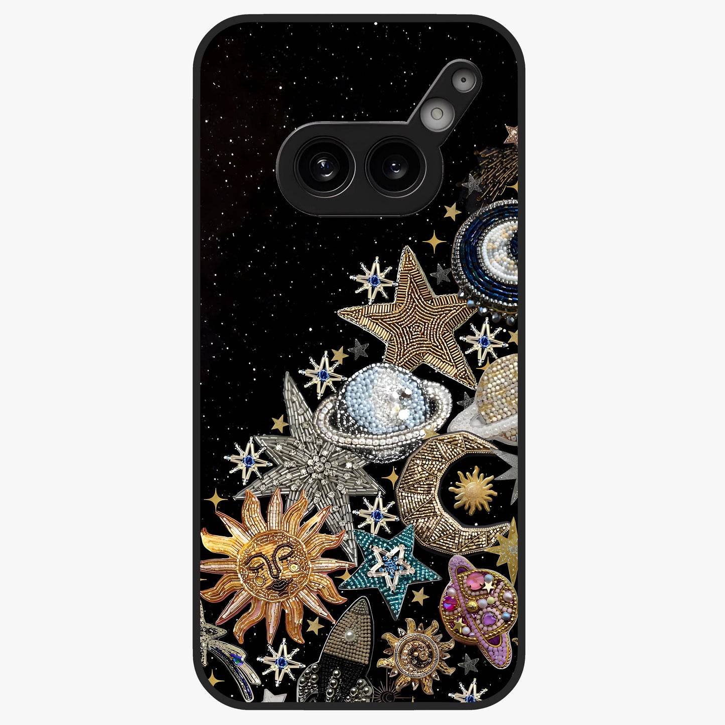 Cosmic Sparkle Dreams Glass Case showing flat back view with sparkling cosmic artwork and glossy glass finish.