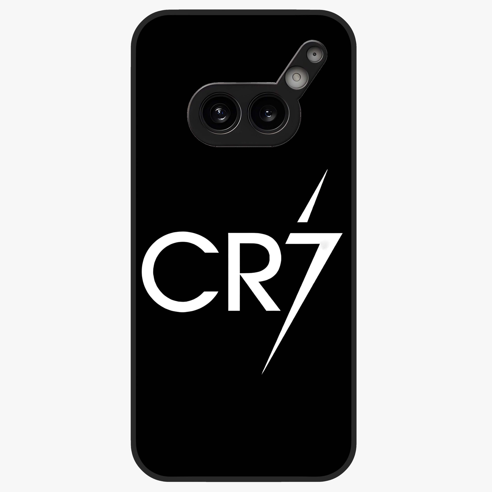 Cr7 Elite Strike Glass Case showing flat back view with dynamic football inspired artwork and glossy glass finish.