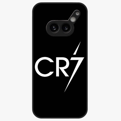 Cr7 Elite Strike Glass Case showing flat back view with dynamic football inspired artwork and glossy glass finish.